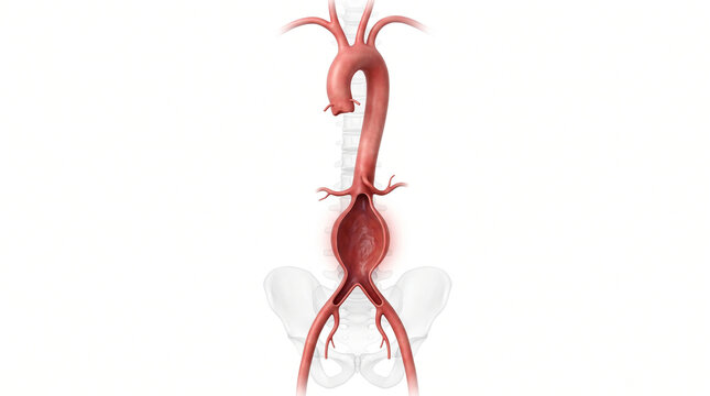 Detailed 3D medical illustration showing abdominal aortic aneurysm condition with swollen blood vessel pathway