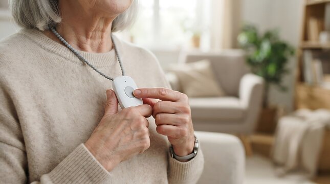 Senior woman pressing button on personal emergency medical alarm with elderly safety