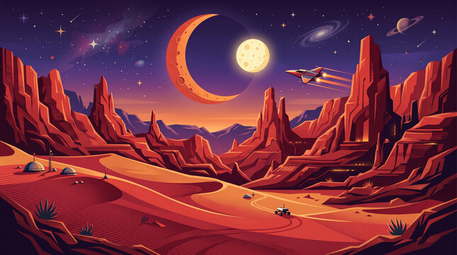 Futuristic space colony landscape featuring red rock formations and flying spaceship under glowing crescent moon