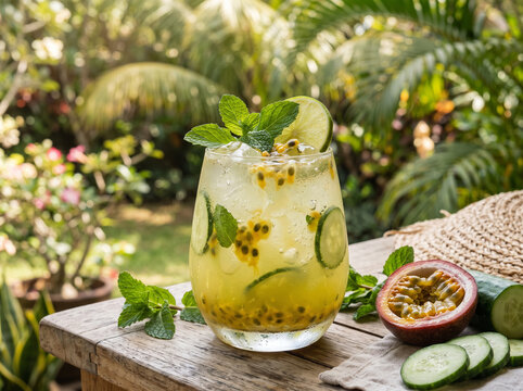 A refreshing cocktail with passion fruit and cucumber sits on a table.