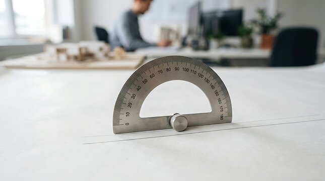 Metal protractor tool resting on a technical drawing plan in an architect studio with architectural
