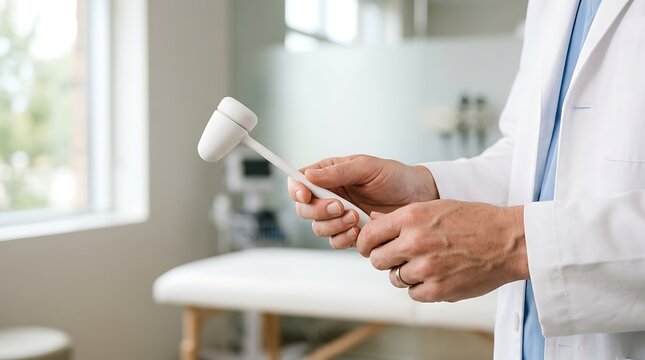 Doctor holding a reflex hammer for a medical neurological examination in a clinic with neurological