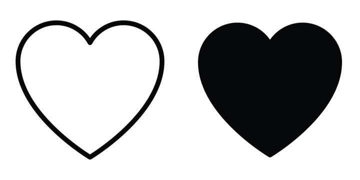 Heart icon set with simple love pictograms representing likes, favorites, romance, care, health, relationships, and social media interaction design