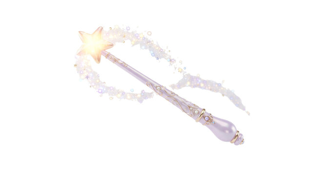Magical magic wand with glowing star, fairy star wand isolated on white background, glittering sparkly spell stick for fantasy design