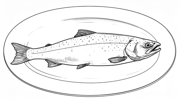 Line art illustration of a hooked trout fish, detailed outline, fishing theme, black and white coloring book style.