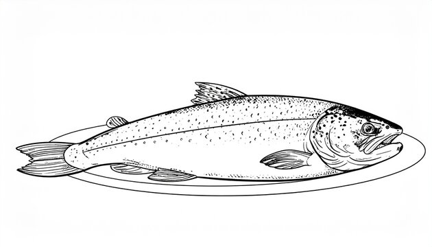 Line art illustration of a hooked trout fish, detailed outline, fishing theme, black and white coloring book style.