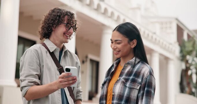 Phone, laugh and friends talk at college, show post or social media comment for course update online. Happy people, mobile or students share meme at university campus, funny video or education app