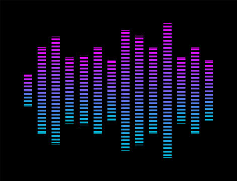 Audio equalizer sound wave bars in vibrant neon gradient colors on a black background vector illustration