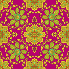 Seamless Pattern of Golden Floral Ornament on Deep Purple Background Texture © Wolfworker