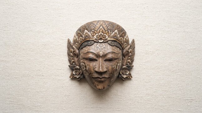 Traditional Indonesian Panji Carved Wood Mask on Textured Background