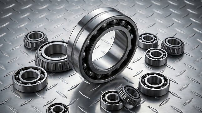 High precision metal ball bearings and rollers on a textured steel workbench