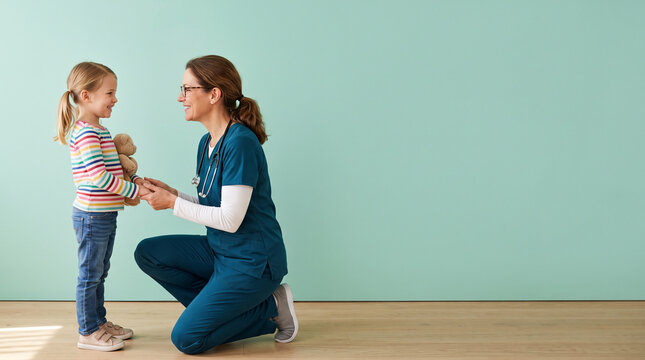 A friendly female doctor in blue scrubs kneels on the floor to talk to a young girl holding ad social media download thambnail poster web template event festival 2026 2027 2028