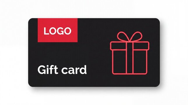 A black gift card with a red logo area and a neon gift box graphic illustration with white text glowing rectangular gift celebration marketing