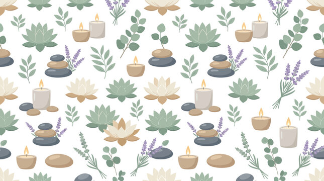 Spa and Wellness Seamless Pattern: Lotus, Lavender, Candles, Stones, Eucalyptus
