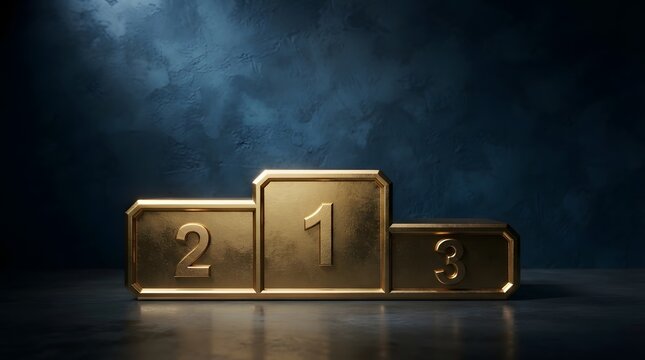 Golden winners podium with first second and third place awards on dark background
