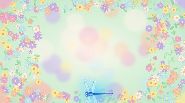 Blue dragonfly darting over a pastel flower field seamless loop