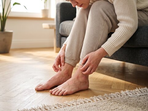 Woman sitting on sofa scratching itchy feet and ankles at home