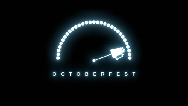 A neon gauge meter features a dotted scale and a beer mug icon on the needle. The label Octoberfest symbolizes celebration and festival spirit.