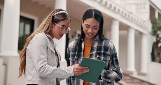 Girl, student and friends with tablet in university for online research, information or study. Happy, female people or academic learners with smile, technology or app for tasks, education or learning