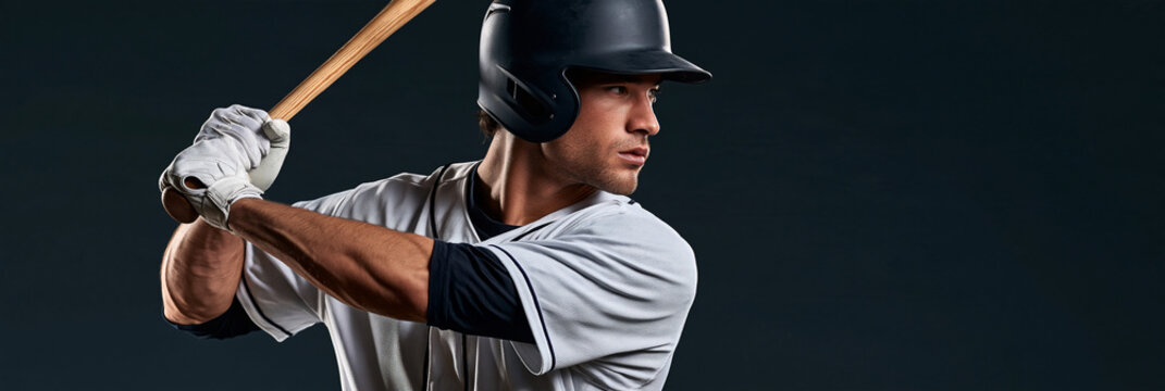 Baseball player stands ready, poised for a powerful swing. He grips the bat with focused determination. Helmet protects his head, white uniform shows team pride. Background fades to dark