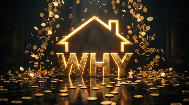 Golden glowing house outline framing why text over black marble surface with falling gold coins depicting real estate investment motivation.
