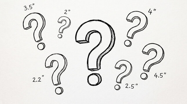 Sketched question marks with various dimensions like three point five inches on white background represent curious thoughts or measurements.
