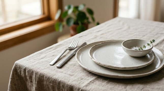 Minimal ceramic dinnerware set on a linen tablecloth, soft daylight