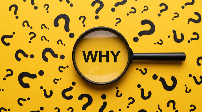 Black question mark symbols scattered on yellow background with magnifying glass focusing on word why highlights investigation and curiosity.