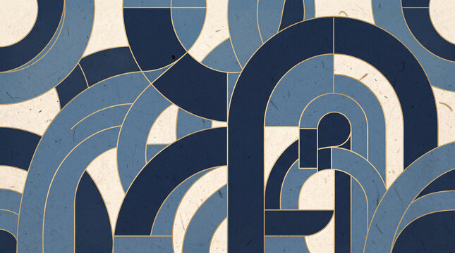 Modern blue and gold geometric abstract pattern background featuring elegant curved architectural shapes