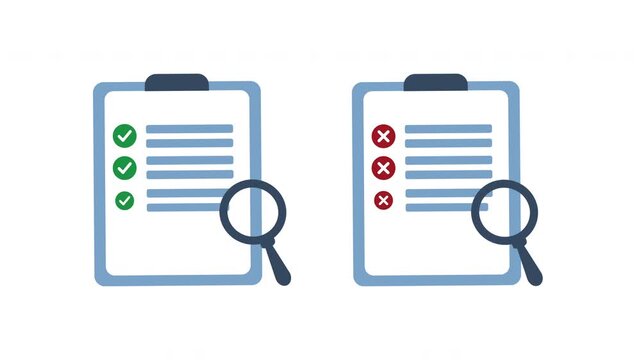 Approved and rejected clipboards comparison with checkmarks, cross marks, and magnifying glass cartoon animation for a business task checklist icon and document validation