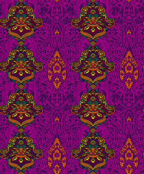 Vibrant purple fabric with intricate multicolor patterns