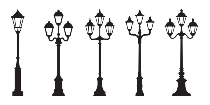 Modern and classic multi lantern street light silhouettes with curved arms and stylish globes ideal for boulevard and plaza decorations.