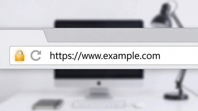 A web browser address bar showing a secure padlock icon and a generic url over a blurred office background with browser interface displays desktop computer workspace