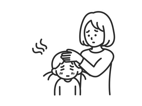 発熱する娘の世話をするお母さんのイラスト　線画のみ