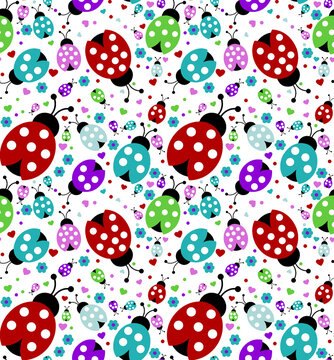Colorful ladybugs and hearts pattern on white background