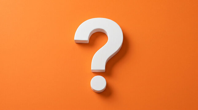 White question mark sign crafted from wood placed flat on vibrant solid orange background representing questions inquiry help support and curiosity.