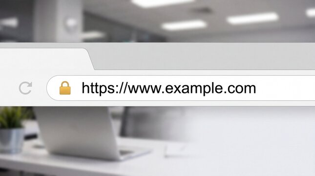 A web browser address bar displaying a secure website url with a yellow padlock icon above a blurred office desk with overlaid blurred background