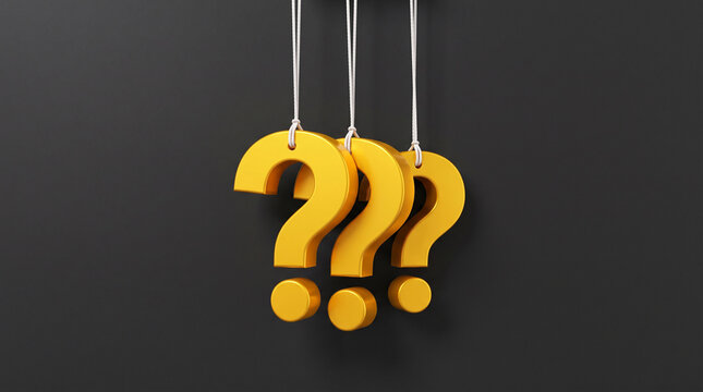 Three glossy yellow question marks hanging by white ropes against dark gray background representing inquiry and curiosity in modern design.