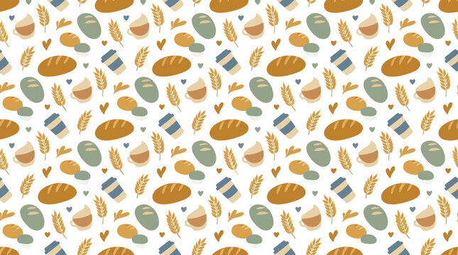 Seamless Pattern: Baked Goods, Coffee Cups, and Wheat Stalks - Food Background