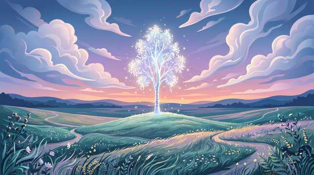 Glowing white magic tree standing on a lush green hill under pastel twilight skies