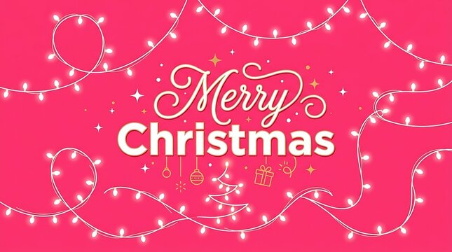 Merry christmas greeting card design with festive fairy lights on a bright pink background isolated on white background