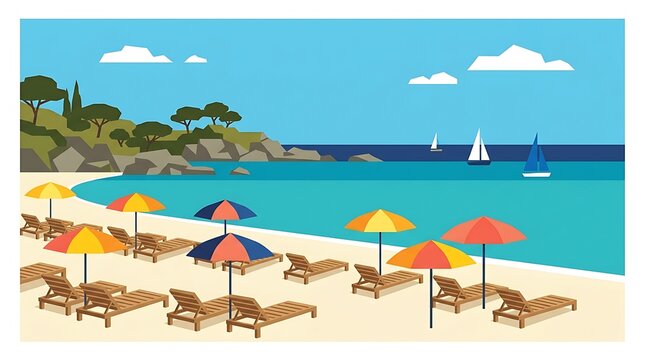 Colorful beach umbrellas and wooden lounge chairs on a sunny tropical sandy beach with sailboats isolated on white background