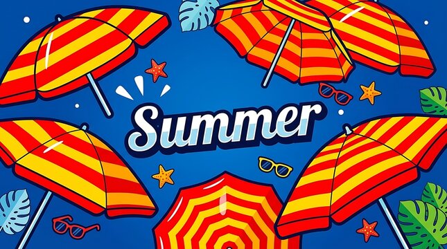 Summer word surrounded by colorful striped beach umbrellas and tropical leaves on blue background isolated on white background