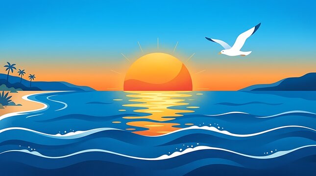Beautiful sunset over the calm ocean waves with a flying seagull and palm trees on the beach isolated on white background