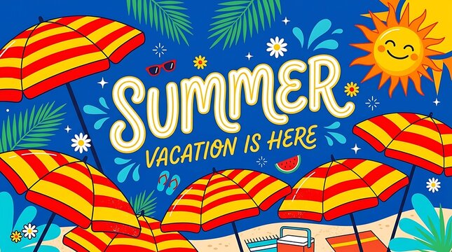 Summer vacation is here typography design with beach umbrellas and bright sun on blue background isolated on white background