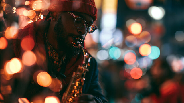 A captivating street musician plays the saxophone at night, surrounded by colorful lights. The atmosphere is vibrant, showcasing the intersection of music and urban life.