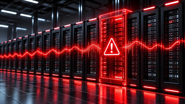 Critical database server failure alert in a modern data center highlighting a glowing red warning sign and emergency network cybersecurity diagnostic waveform