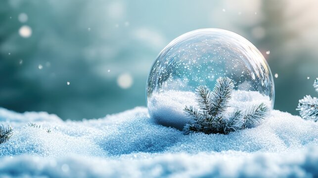 Christmas tree in Glass snow globe on red background, Christmas decorative design with white snowdrift,snowflakes,glow garland,3d decorative garland glow.Xmas Decorations,Vector illustration.