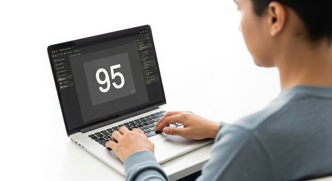 Person working on modern laptop displaying number ninety five on white background isolated