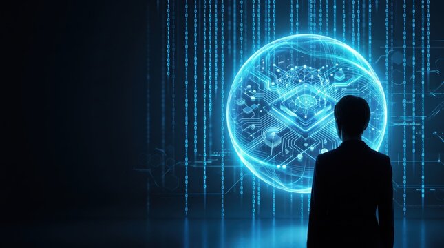 Silhouette of a businessman standing in front of a futuristic digital globe with circuit board patterns and binary code rain, symbolizing global technology, artificial
